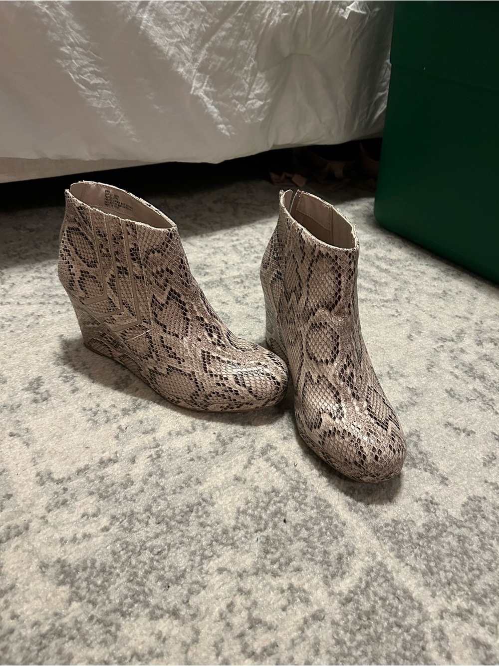 Snake-Print Wedge Ankle Boots in Beige